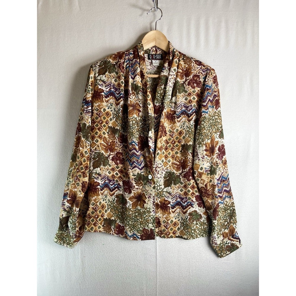Vintage QUO Silk Blouse Womens S Multicolor Jacket Boho Draped Front 100 Silk
